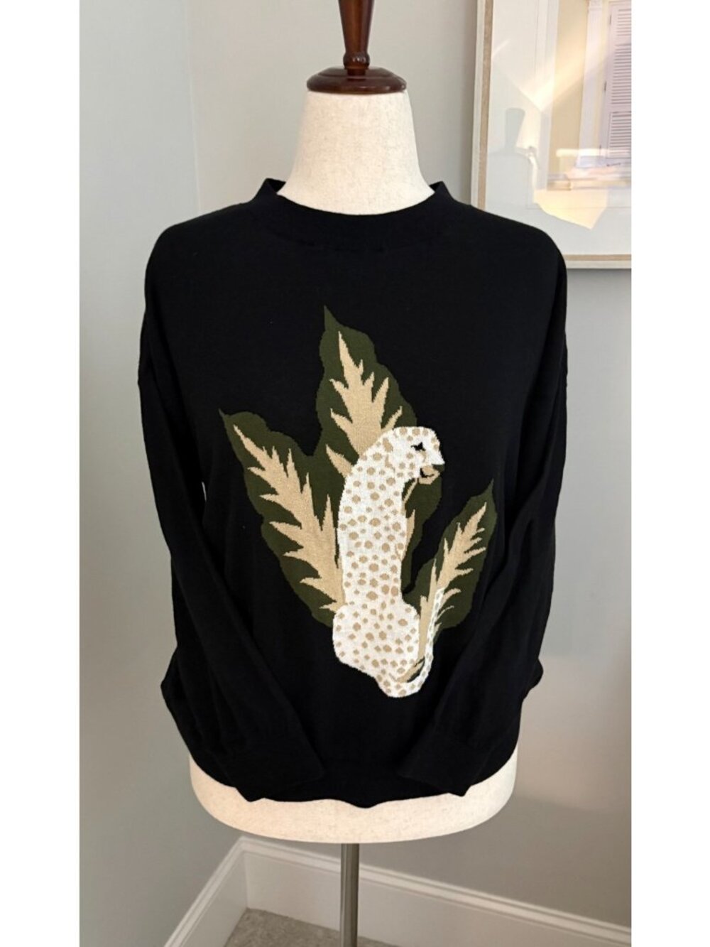 LOFT XL Black Cotton Leopard Botanical Sweater Safari Jungle Chic